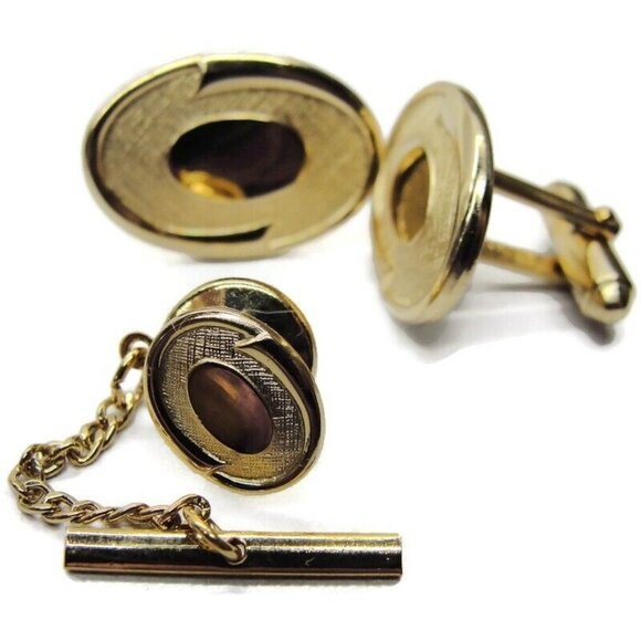 Anson Classic Oval Gold Tone Cufflinks & Tie Tack Set Tux Shirt Dress Suit Vtg - Picture 1 of 8